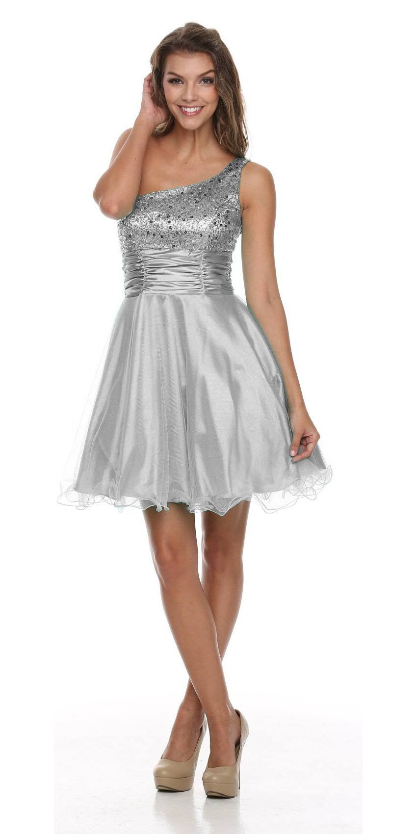 One Shoulder Short Dress Sparkly Sequins Glitter Tulle Skirt