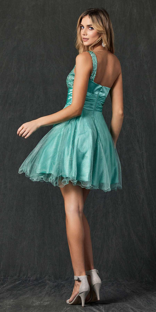 One Shoulder Short Dress Sparkly Sequins Glitter Tulle Skirt