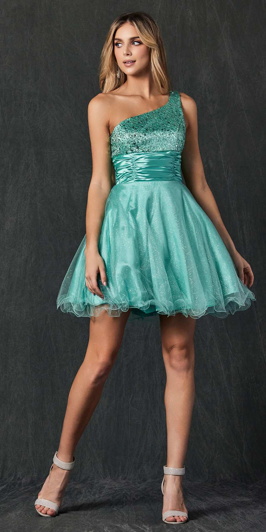 One Shoulder Short Dress Sparkly Sequins Glitter Tulle Skirt