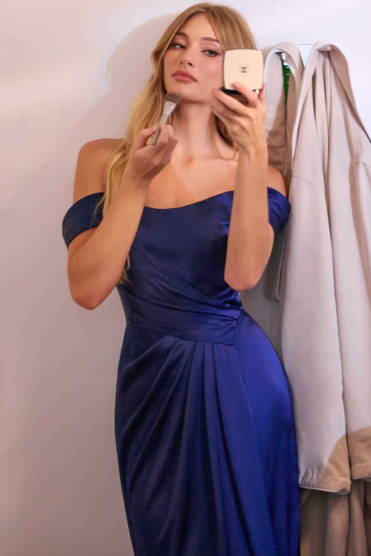 Off The Shoulder Sage Green Satin Gown