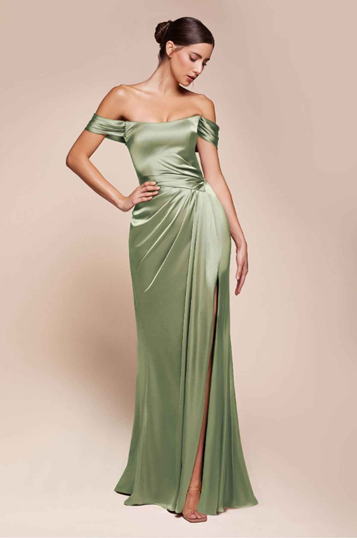 Off The Shoulder Sage Green Satin Gown
