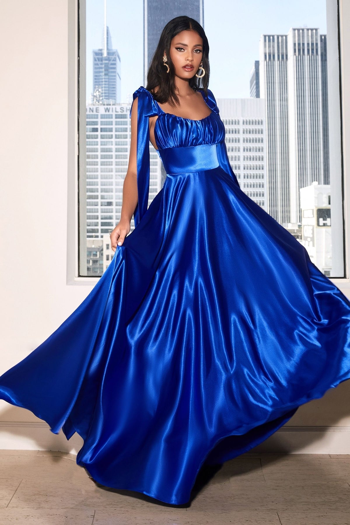 Soft Satin A-Line Bow Shoulder Maxi Dress
