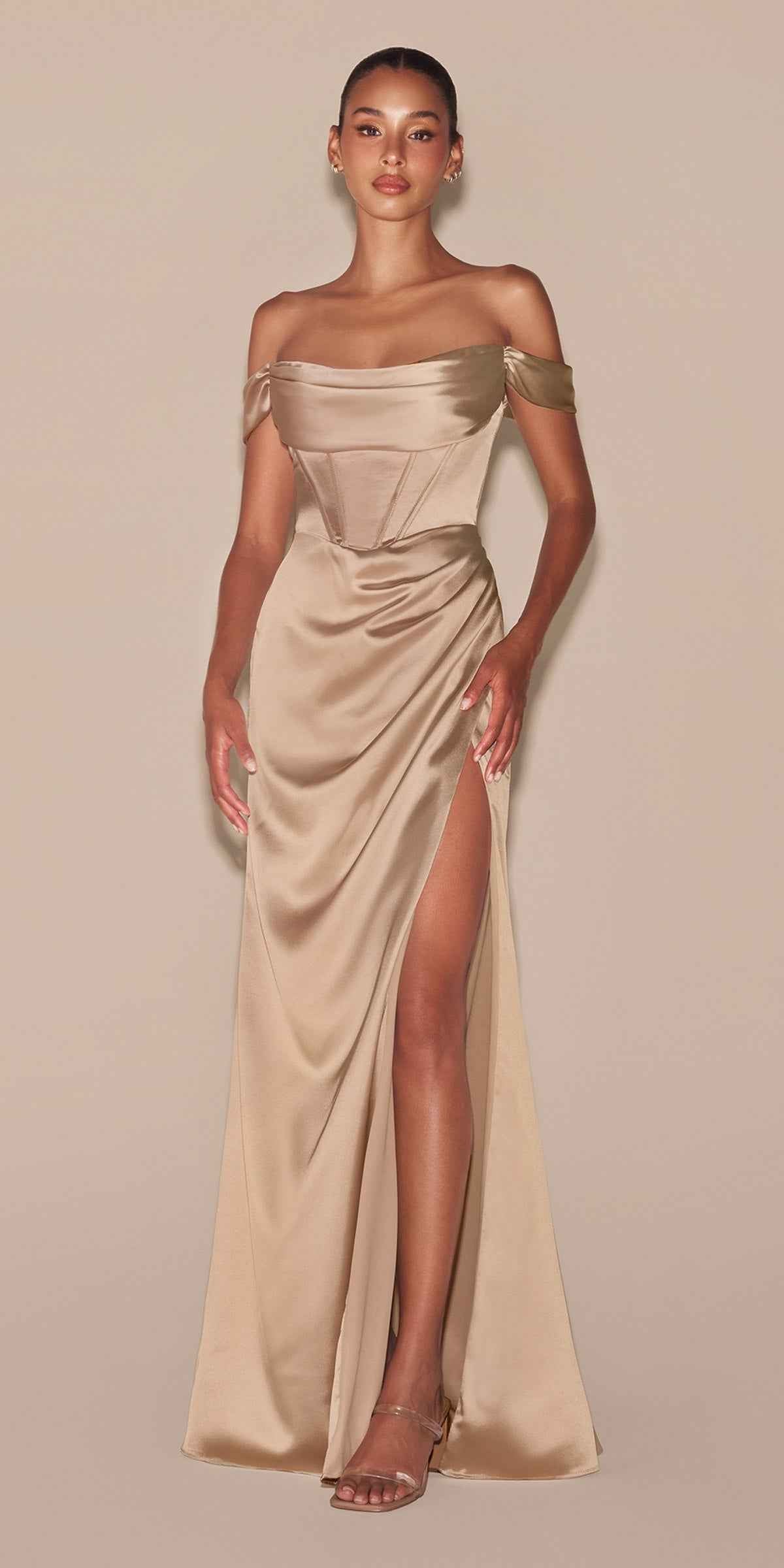Satin Off the Shoulder Corset Gown