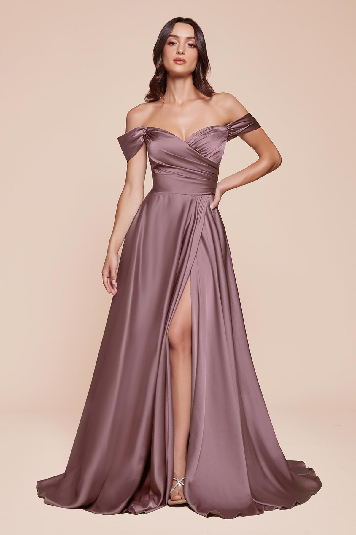 Long A-Line Off the Shoulder Satin Dress