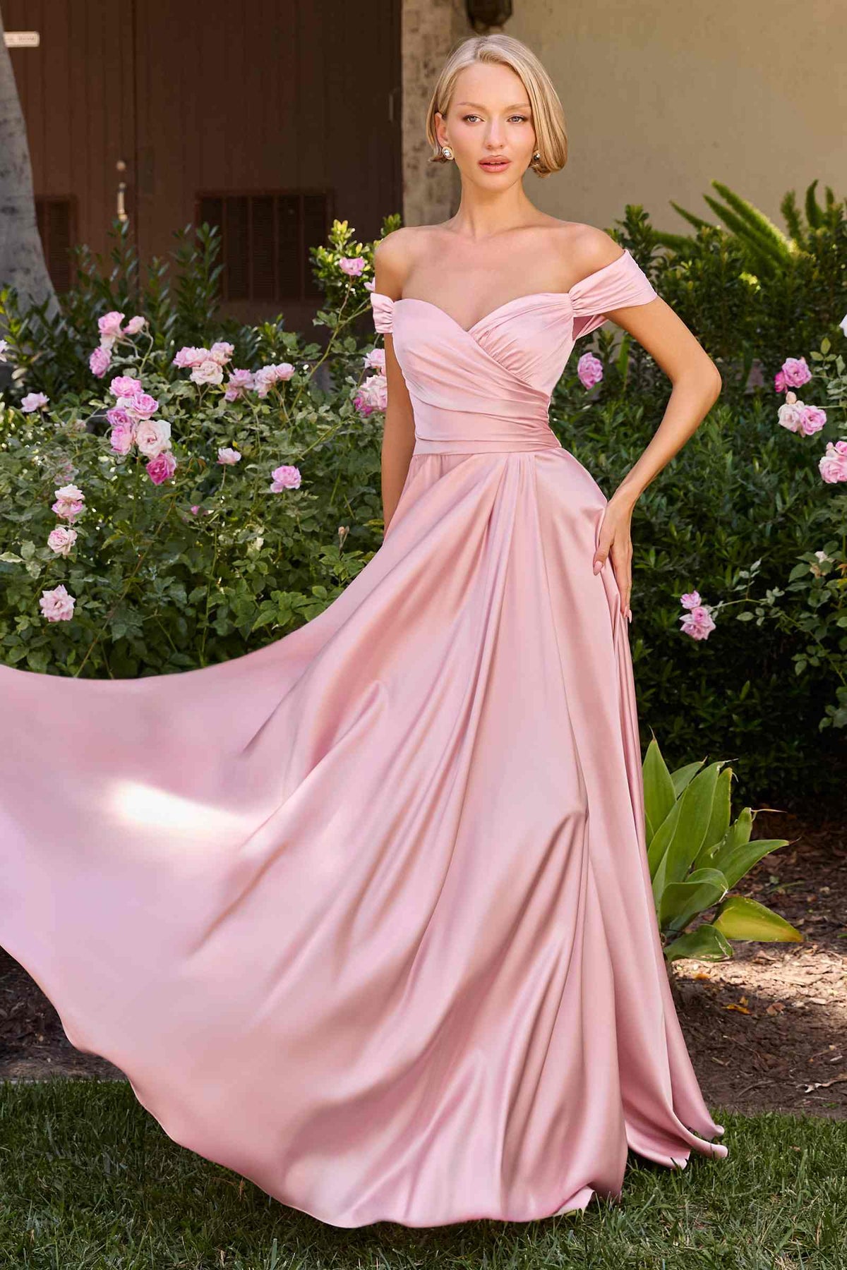 Long A-Line Off the Shoulder Satin Dress