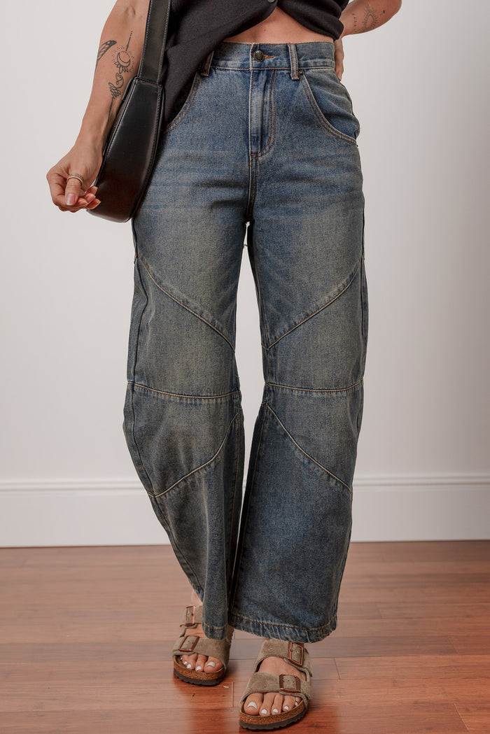 Exposed Stitching Loose High Waist Barrel Jeans