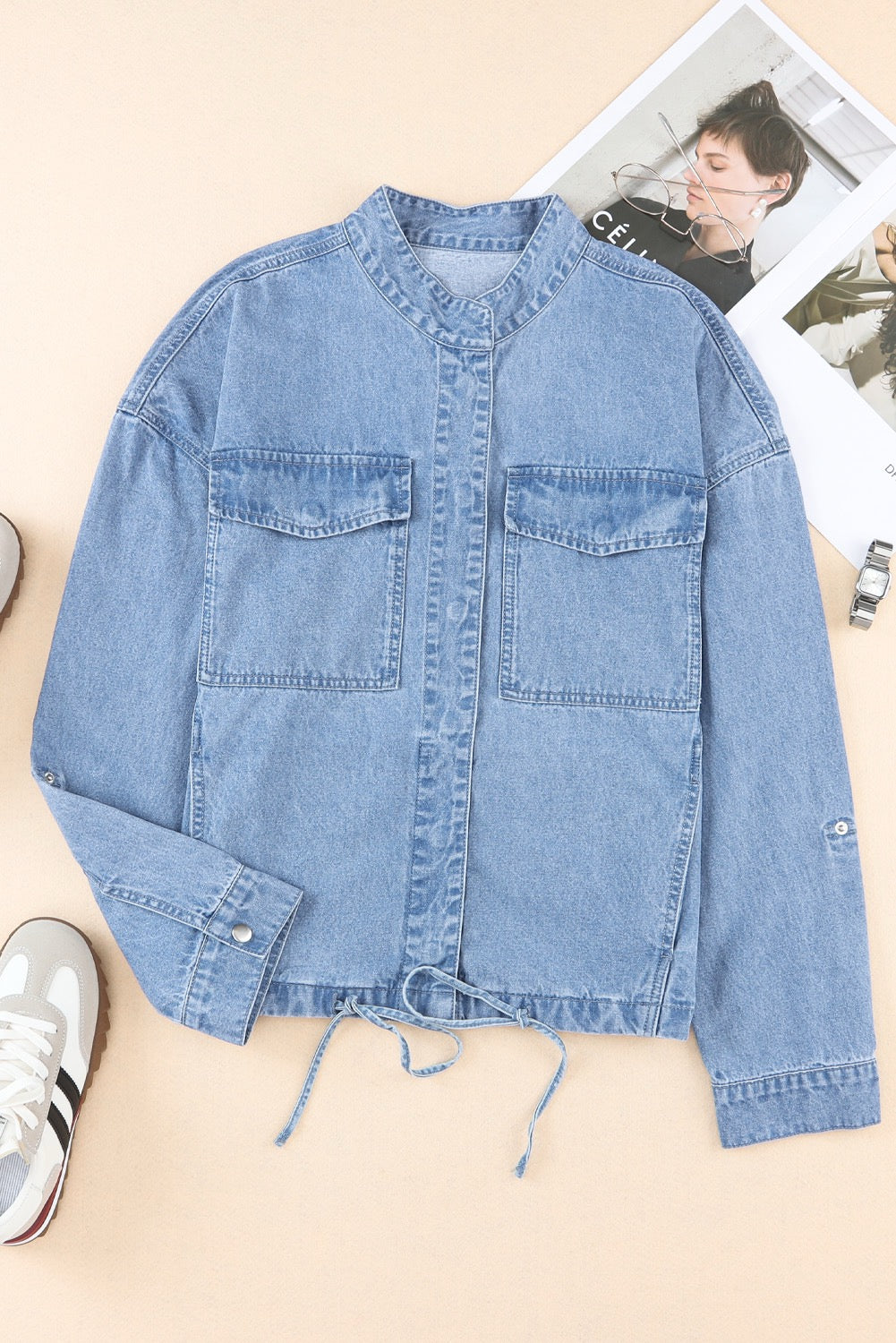 Light Blue Boxy Drawstring Denim Jacket