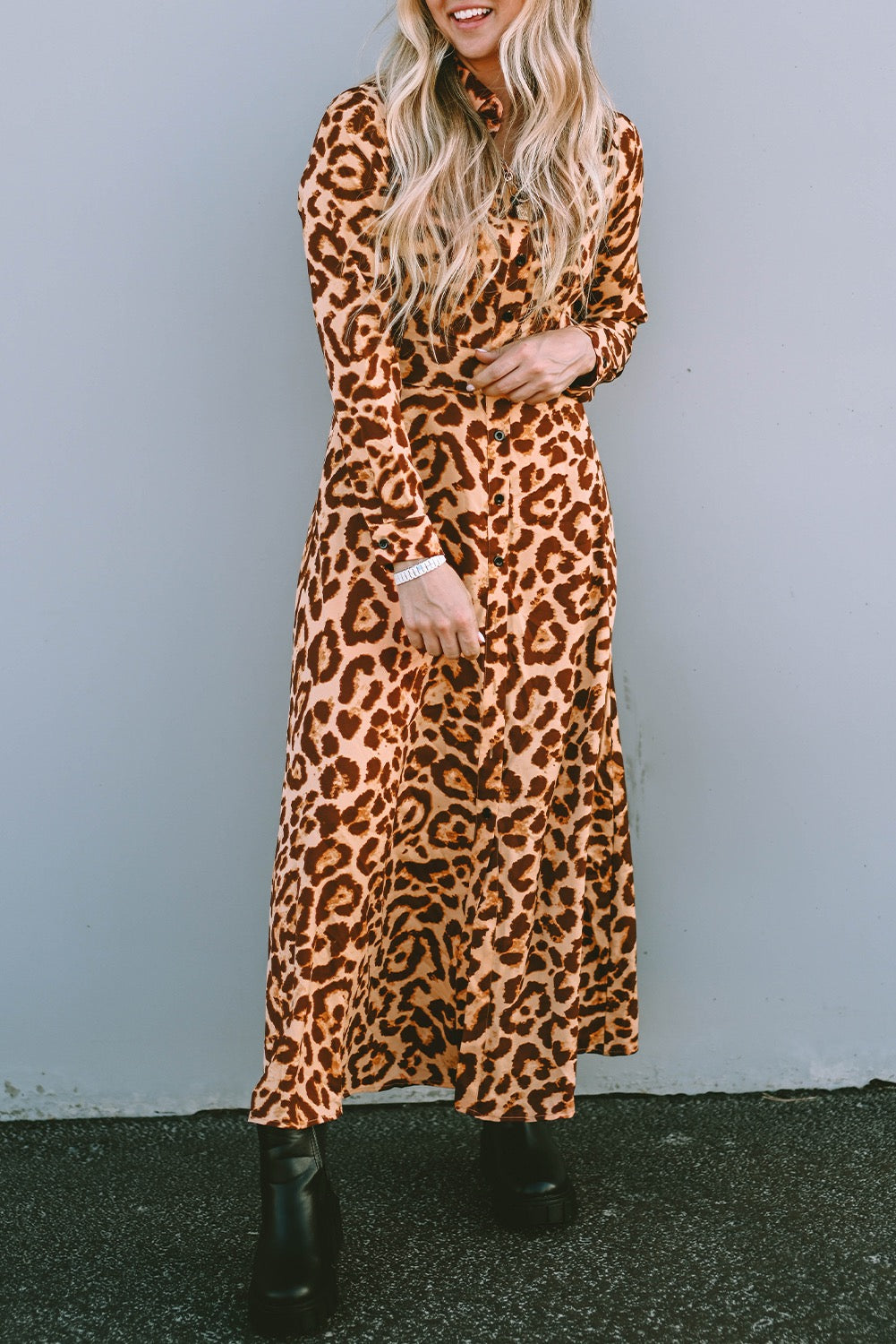 Leopard Print Long Sleeve Midi Dress