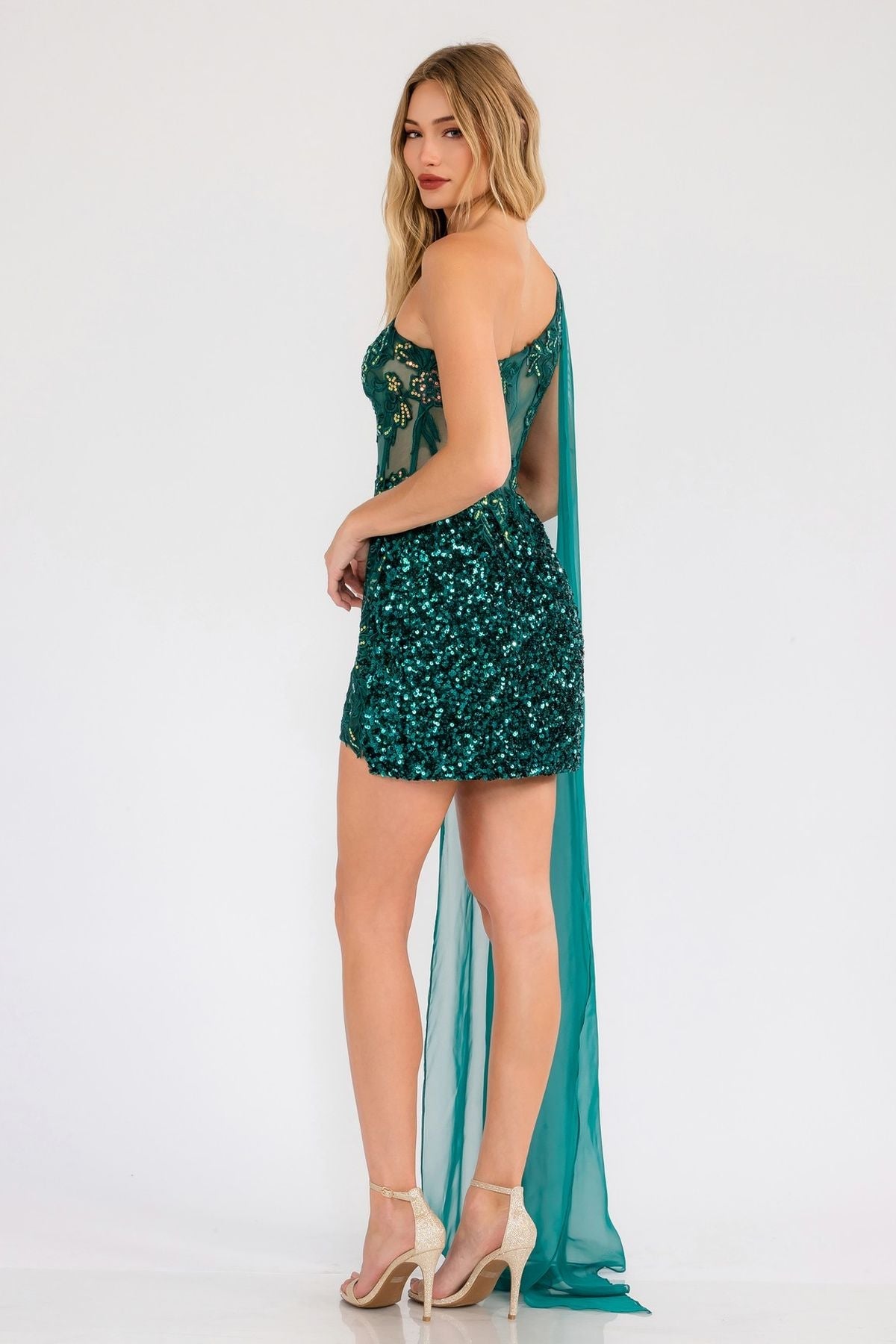 One Shoulder Cape Sleeve Cocktail Sequin Gown