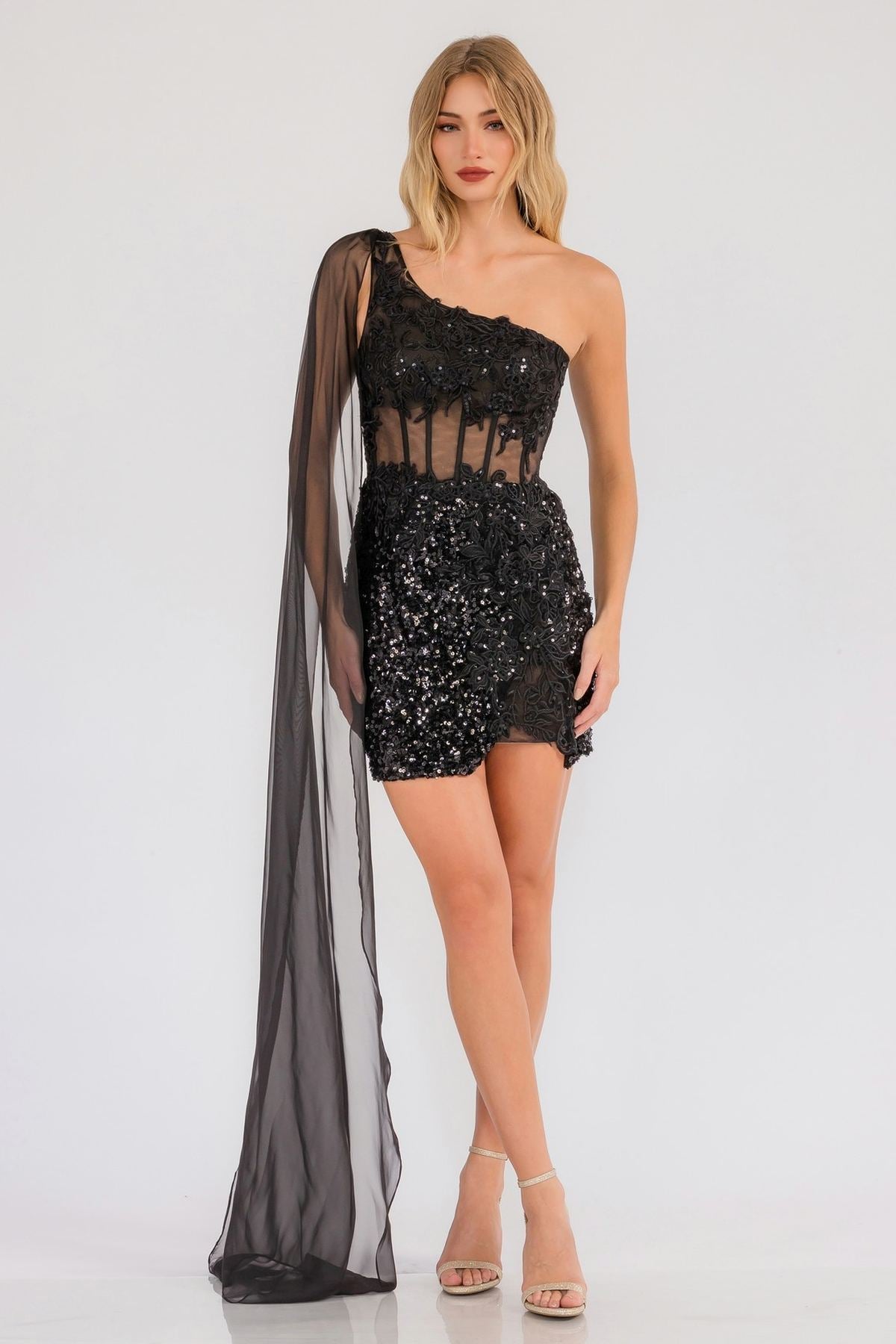 One Shoulder Cape Sleeve Cocktail Sequin Gown