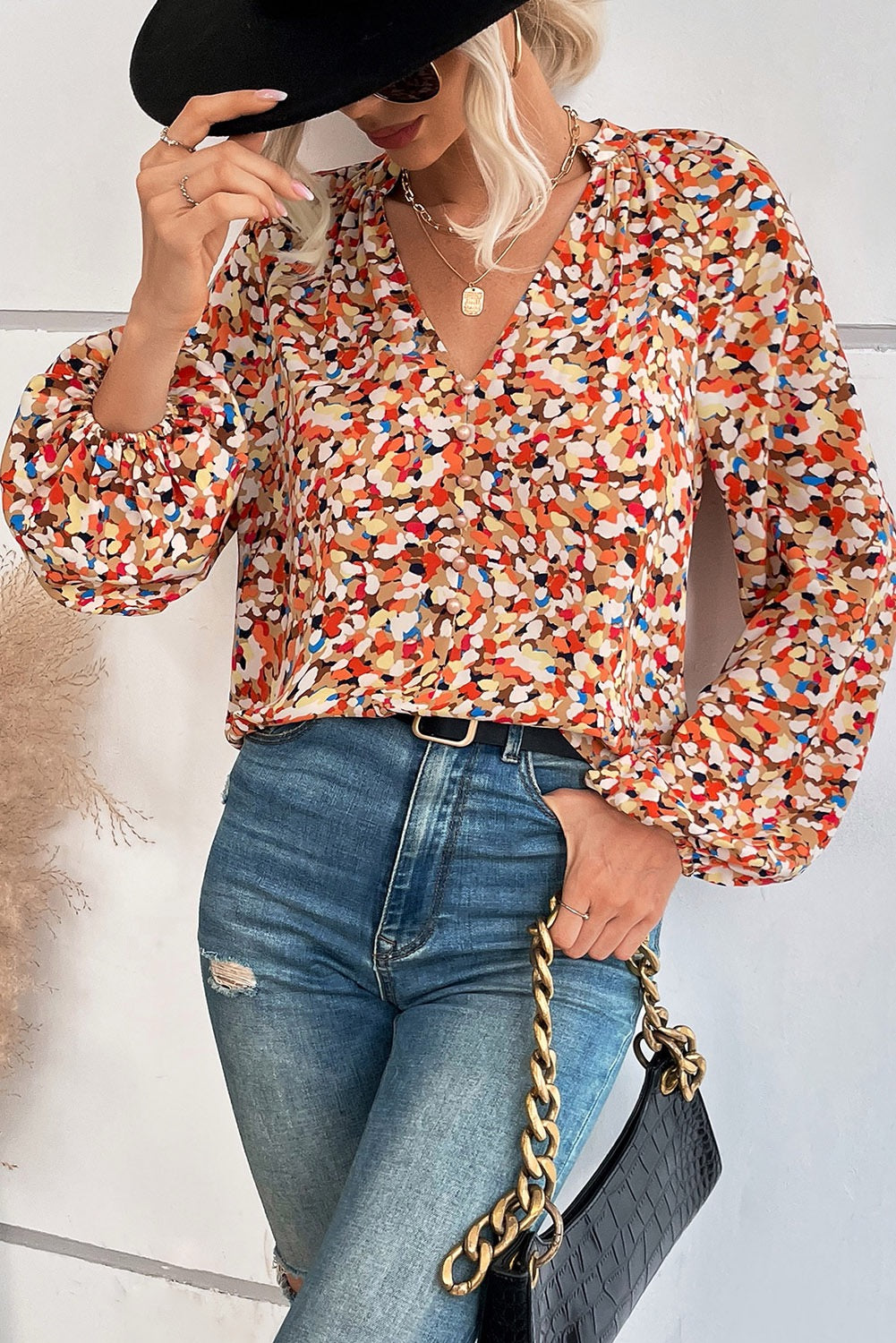 Abstract Confetti Print V-Neck Button Blouse