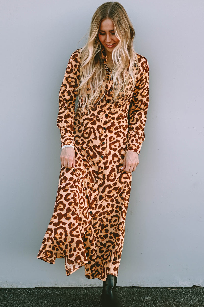Leopard Print Long Sleeve Midi Dress