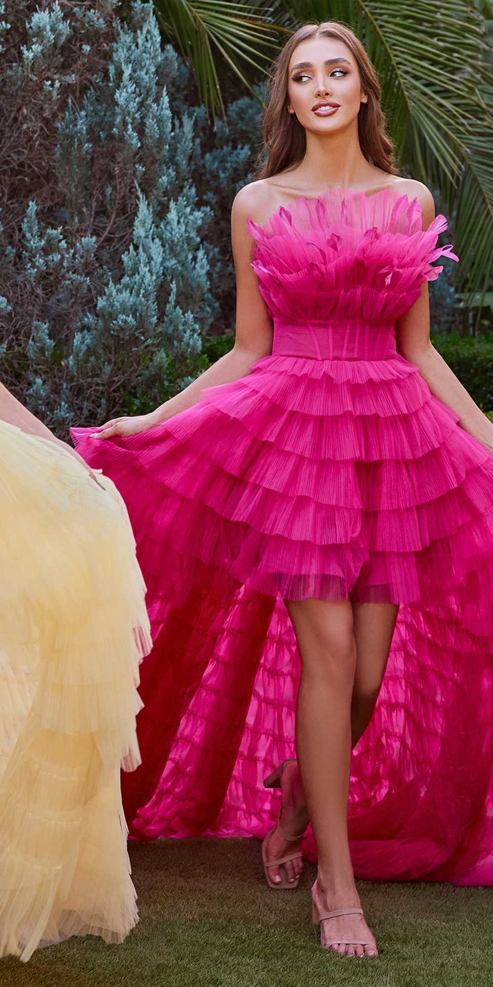 High-Low Ruffled Tiered Tulle Gown Feather Details