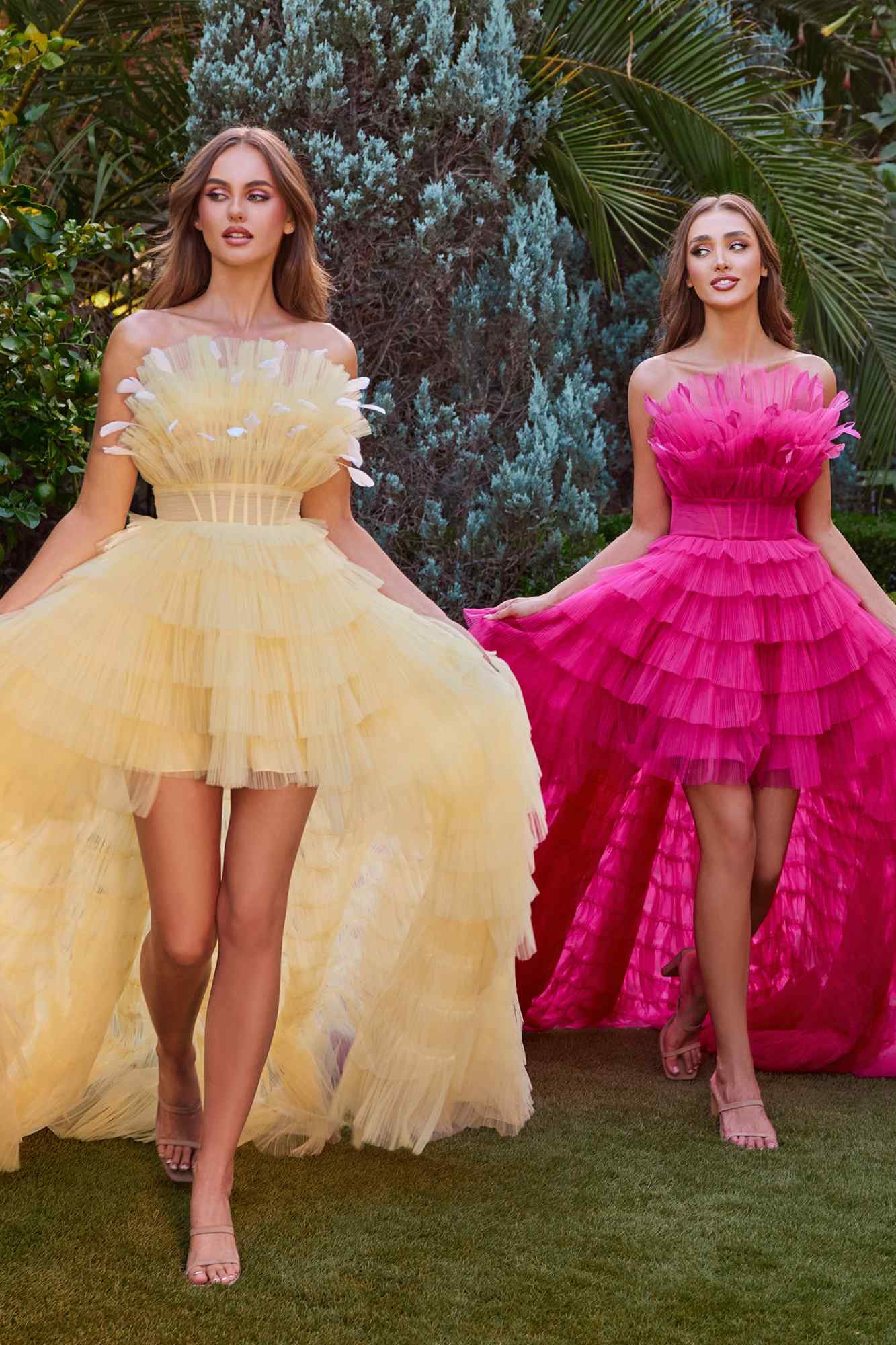 High-Low Ruffled Tiered Tulle Gown Feather Details