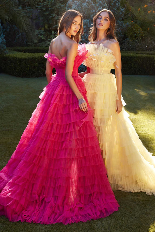 High-Low Ruffled Tiered Tulle Gown Feather Details