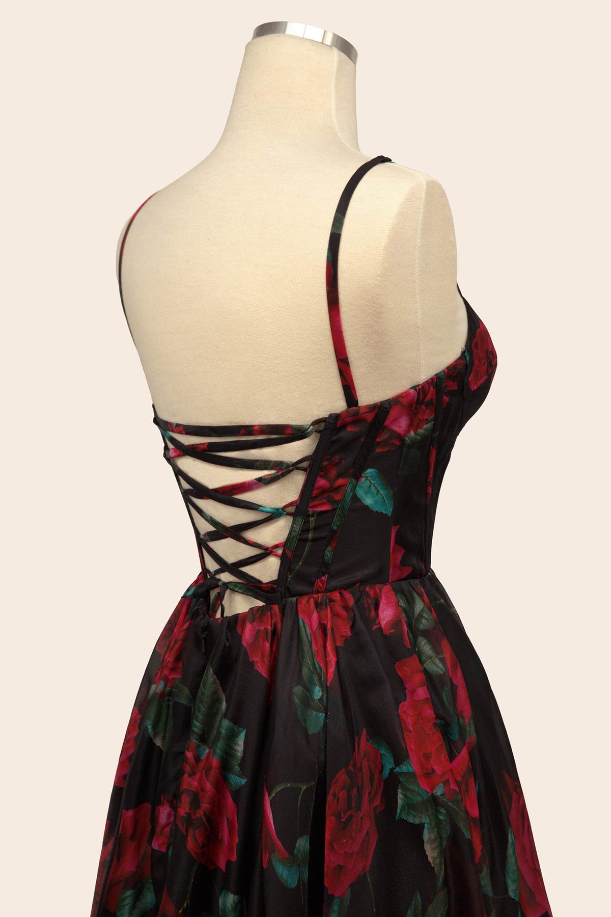 Black Rose Print Organza Gown