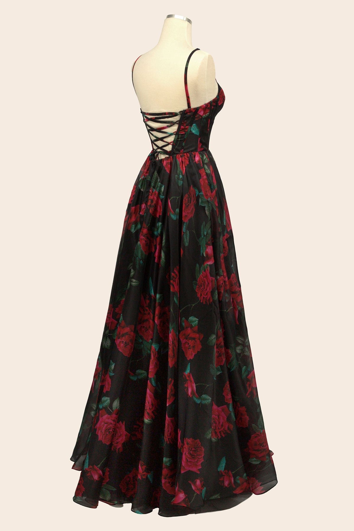 Black Rose Print Organza Gown