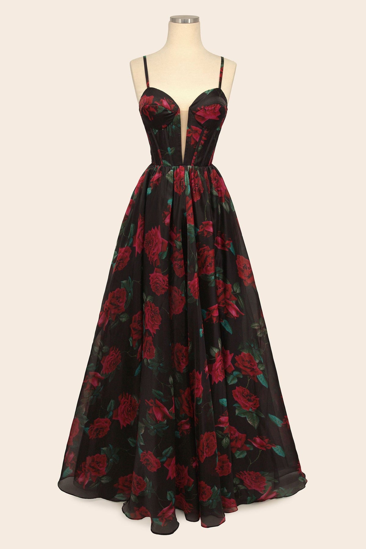 Black Rose Print Organza Gown