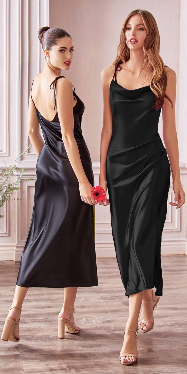 Satin Midi Length Dress High Side Split Cowl Neck