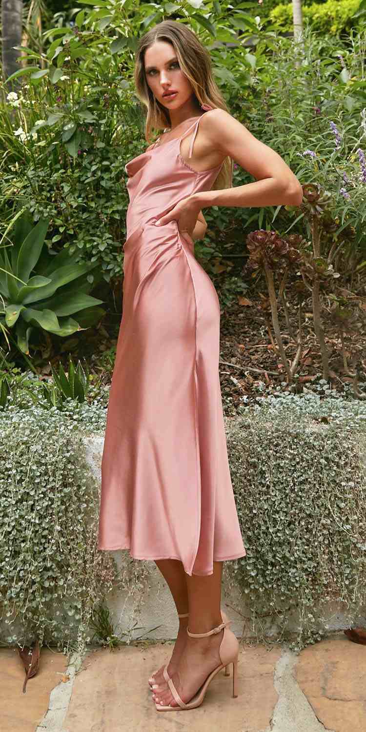 Satin Midi Length Dress High Side Split Cowl Neck