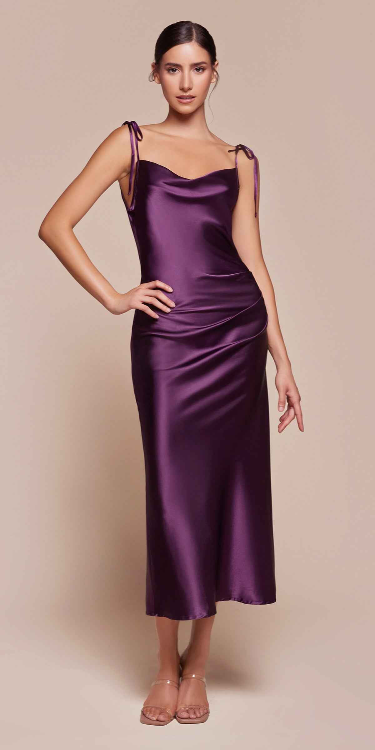 Satin Midi Length Dress High Side Split Cowl Neck