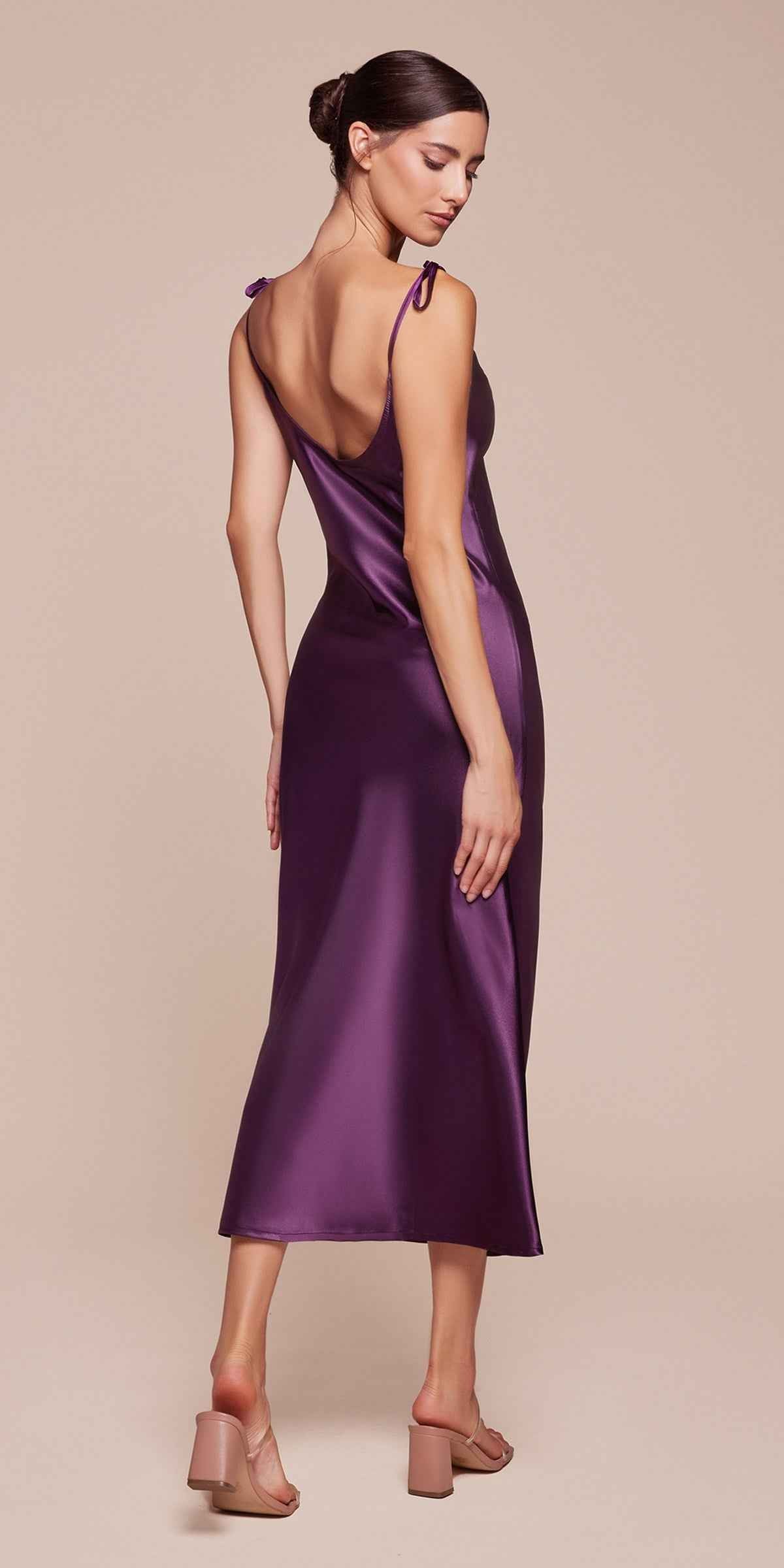 Satin Midi Length Dress High Side Split Cowl Neck