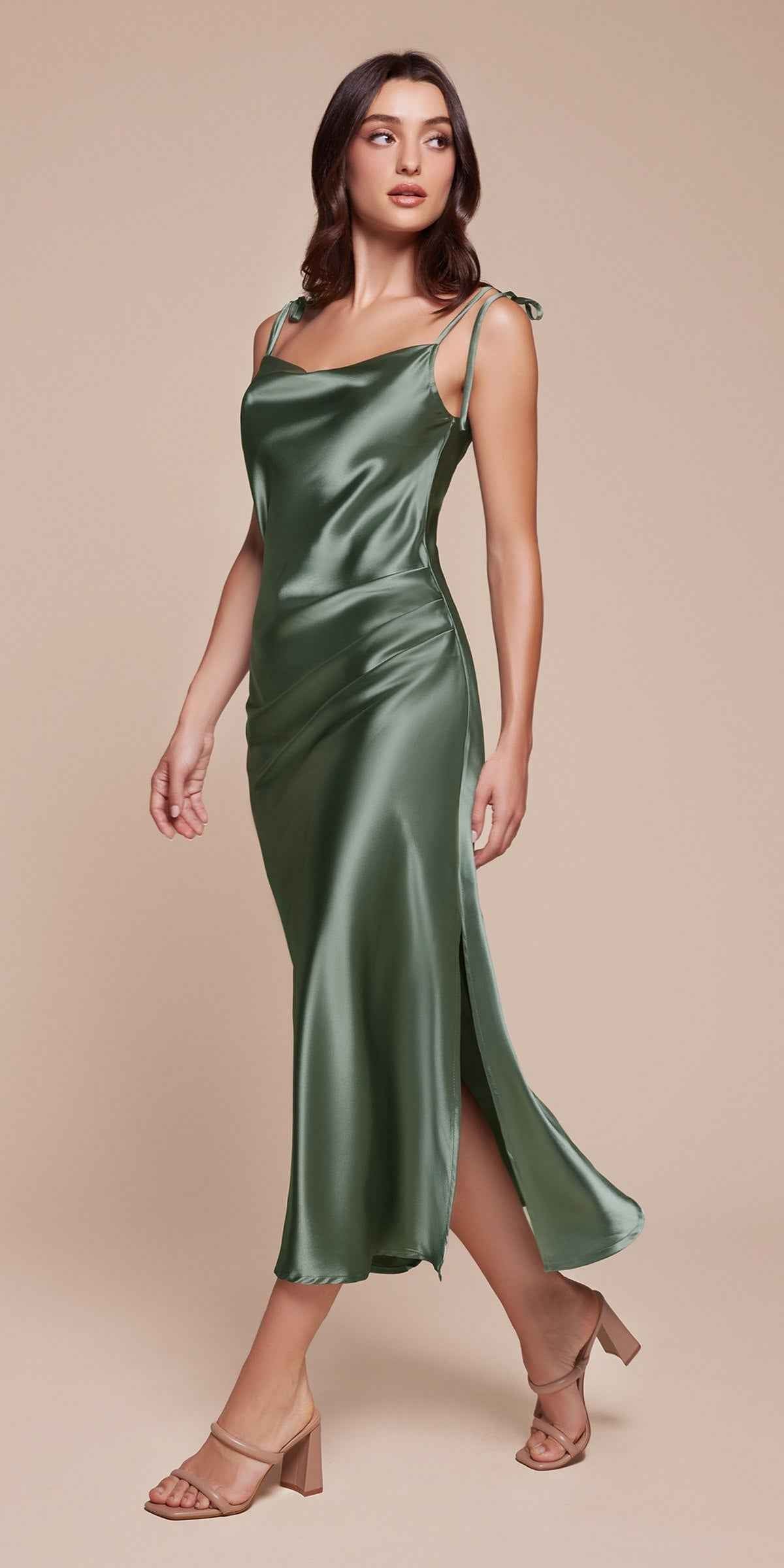 Satin Midi Length Dress High Side Split Cowl Neck