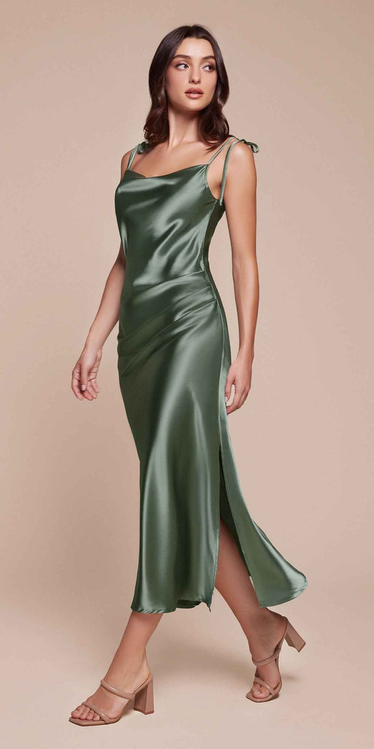 Satin Midi Length Dress High Side Split Cowl Neck