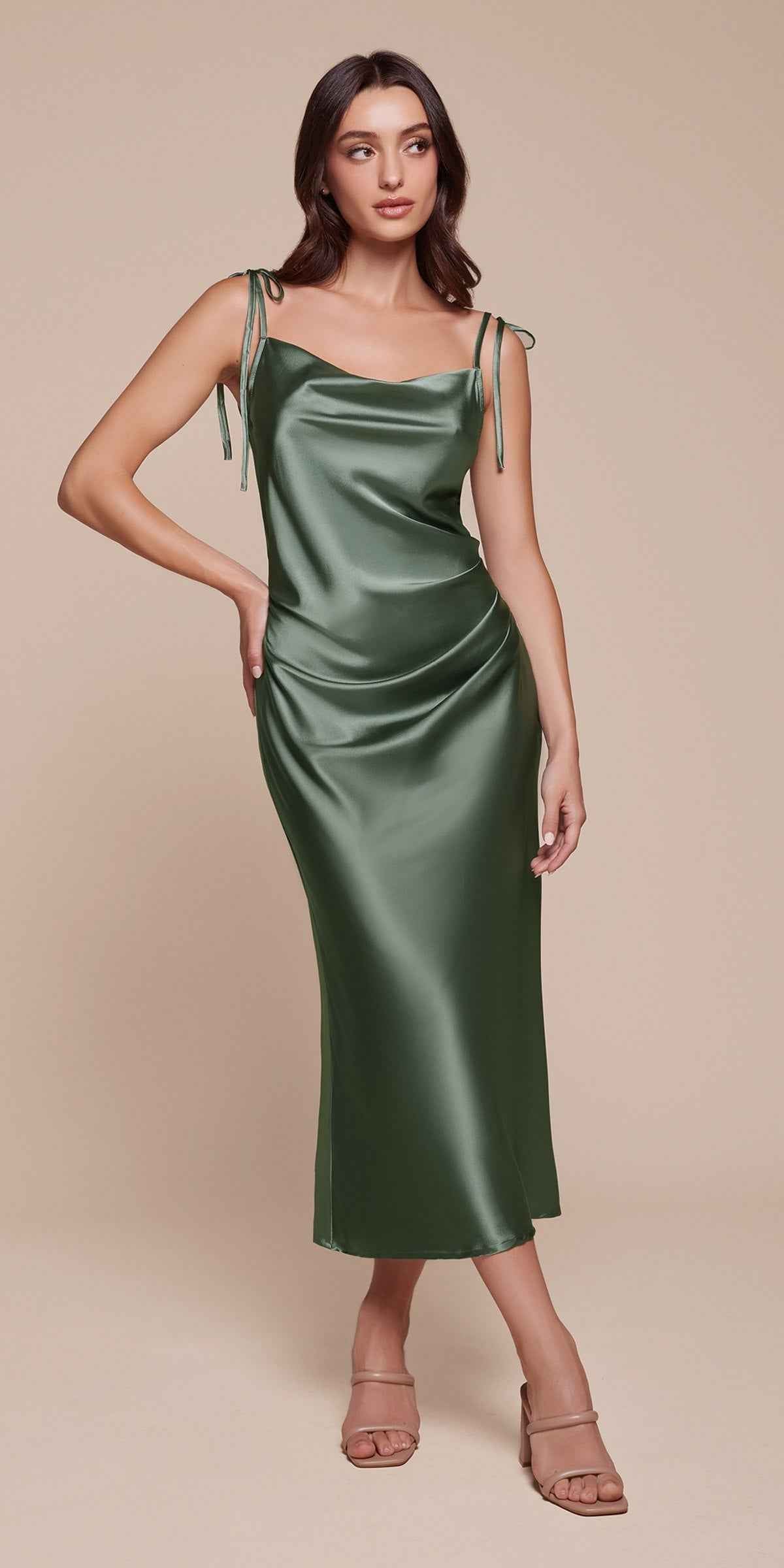 Satin Midi Length Dress High Side Split Cowl Neck