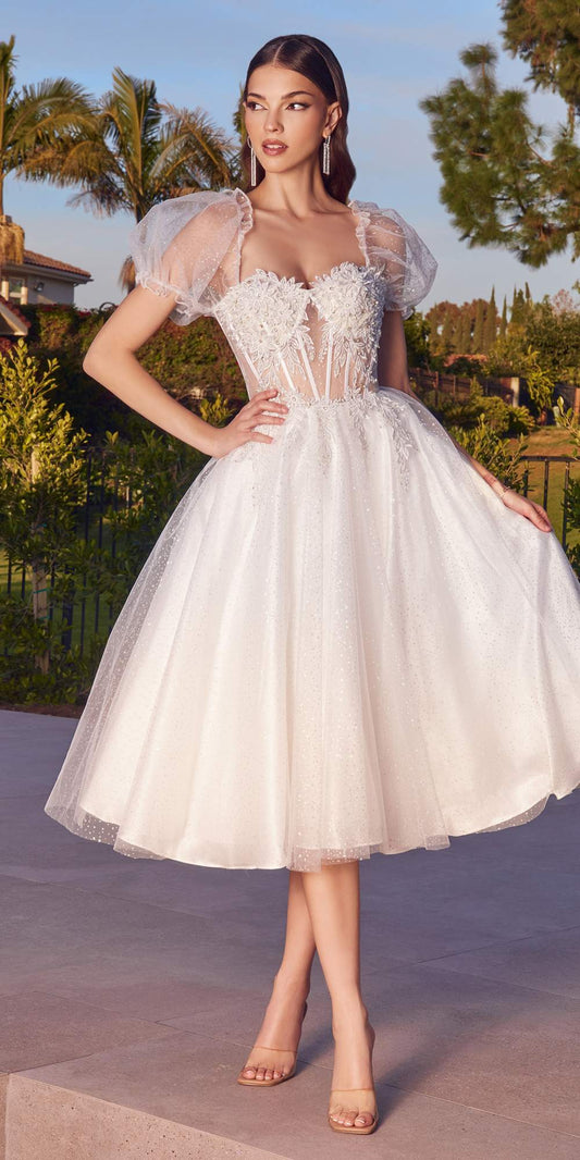 Tea Length Layered Tulle Dress With Short Puff Sleeves