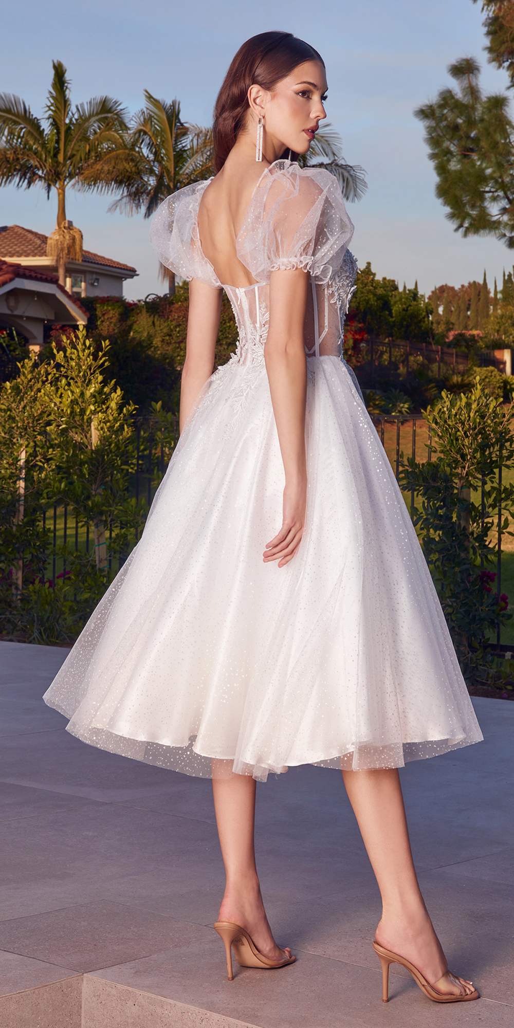 Tea Length Layered Tulle Dress With Short Puff Sleeves