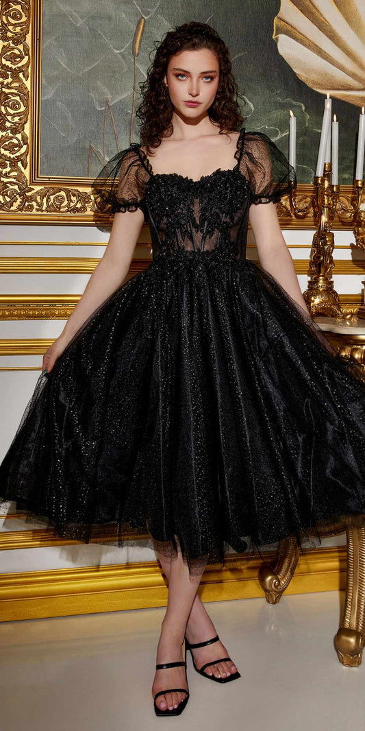 Tea Length Layered Tulle Dress With Short Puff Sleeves
