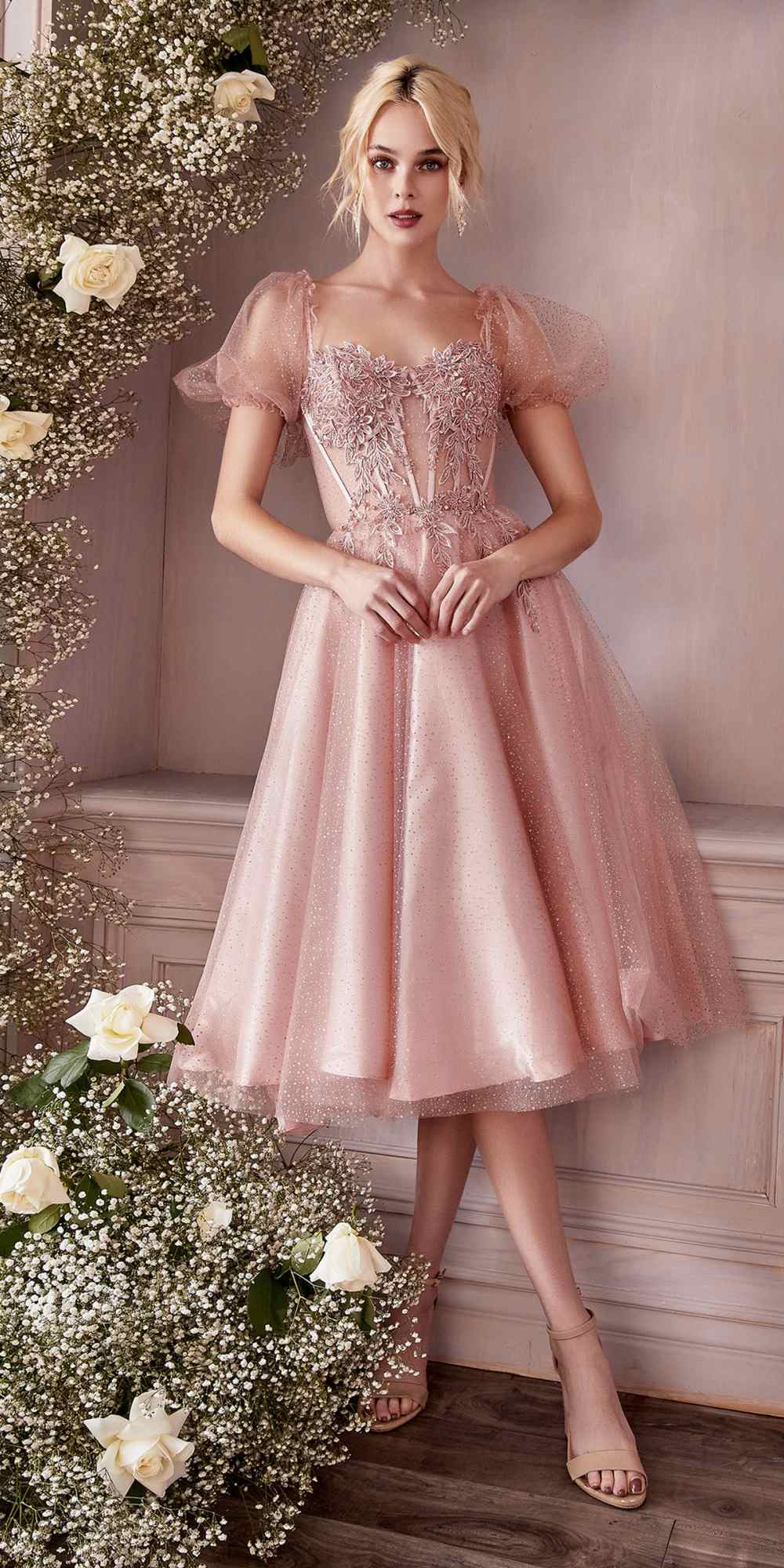 Tea Length Layered Tulle Dress With Short Puff Sleeves
