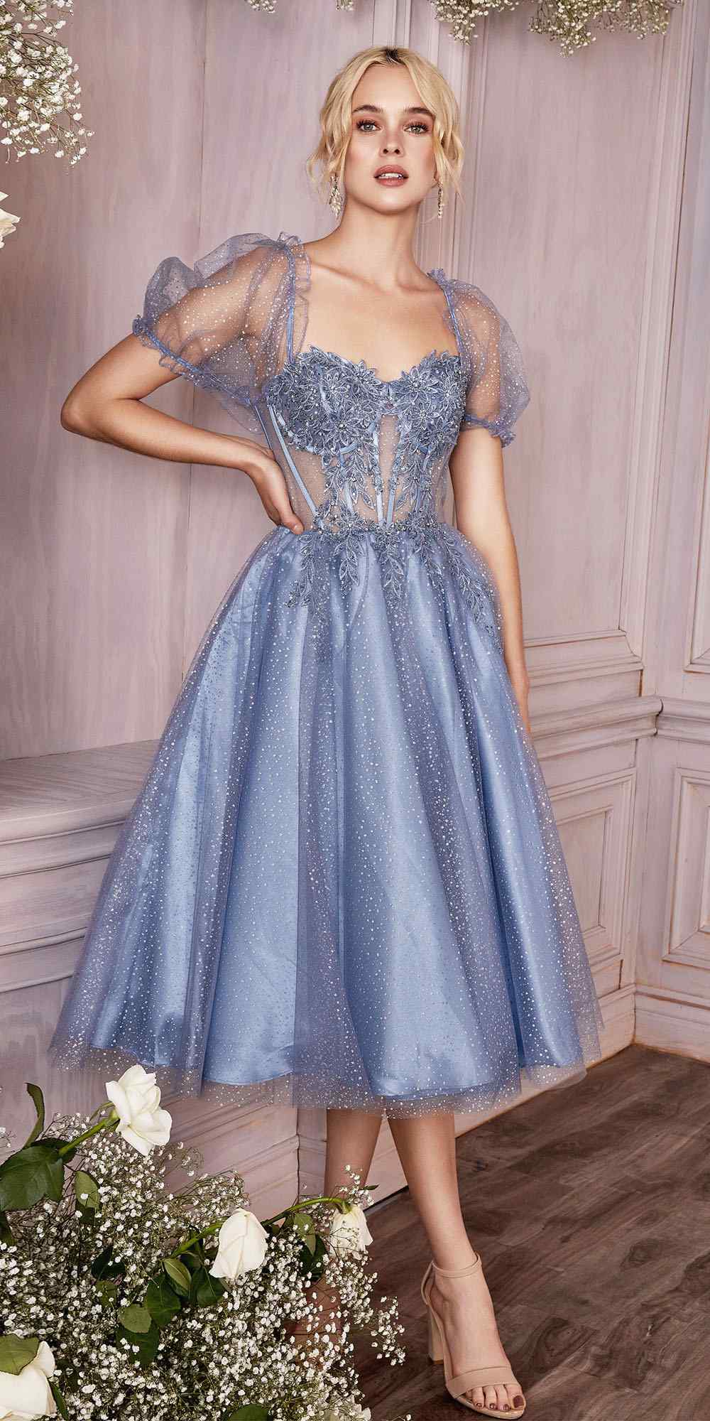 Tea Length Layered Tulle Dress With Short Puff Sleeves
