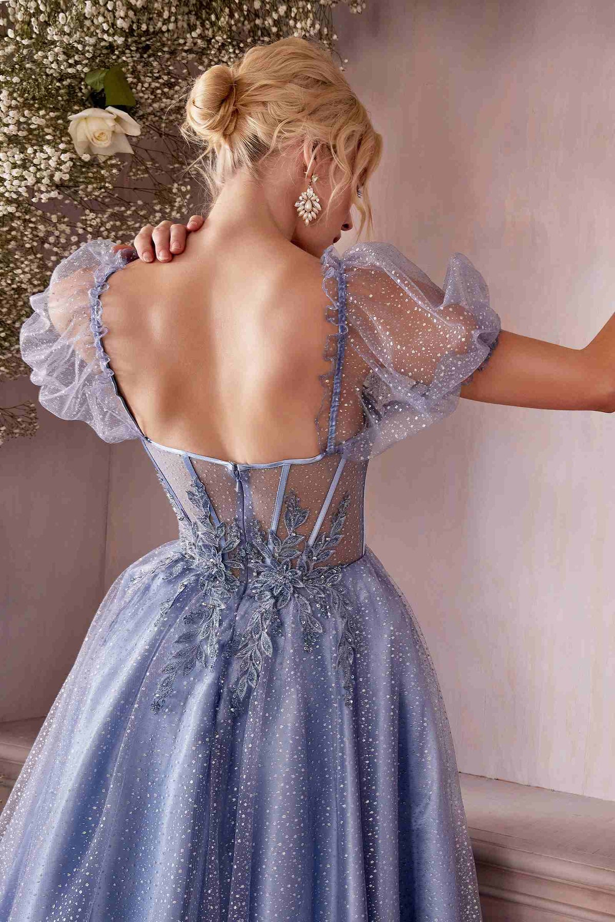 Tea Length Layered Tulle Dress With Short Puff Sleeves