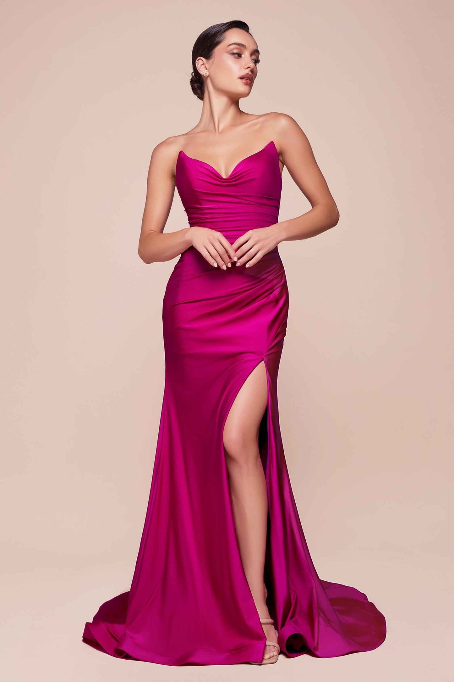 Strapless Stretch Satin Fitted Dusty Rose Gown
