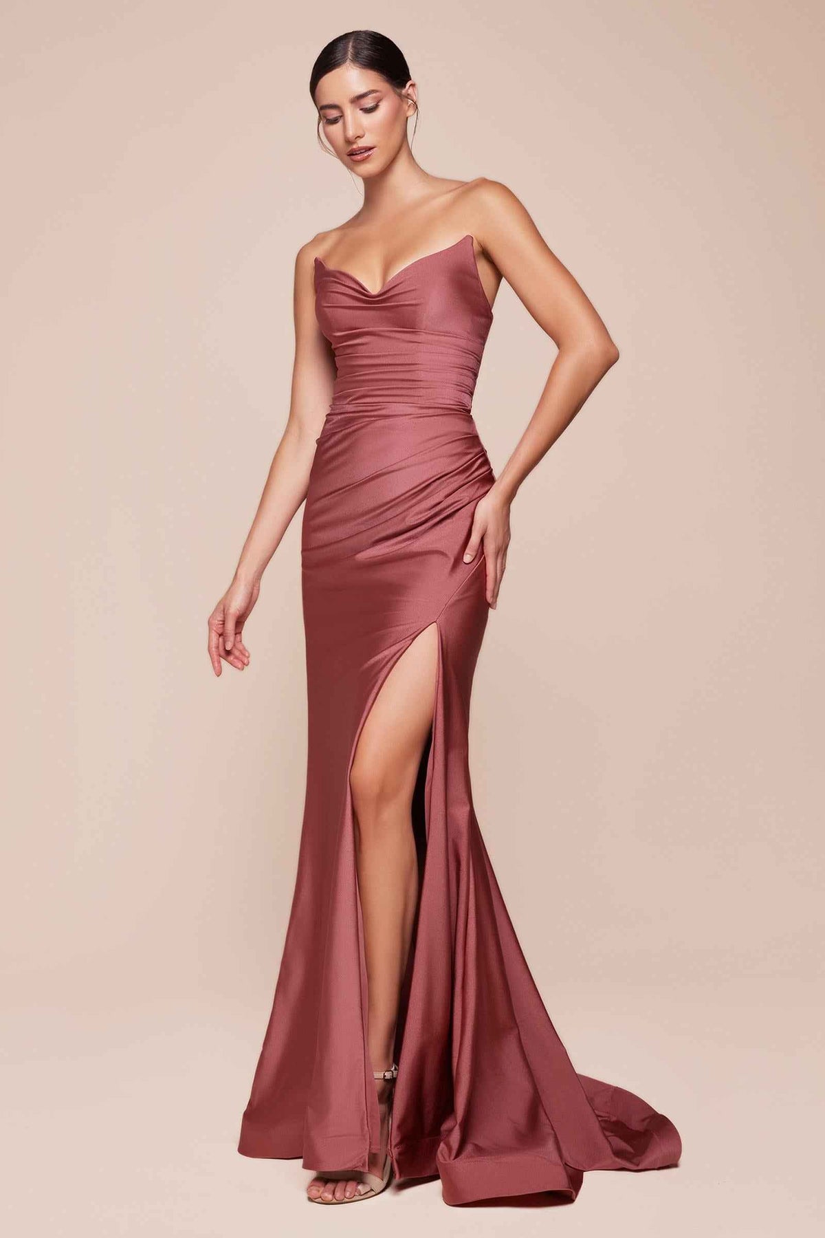 Strapless Stretch Satin Fitted Dusty Rose Gown