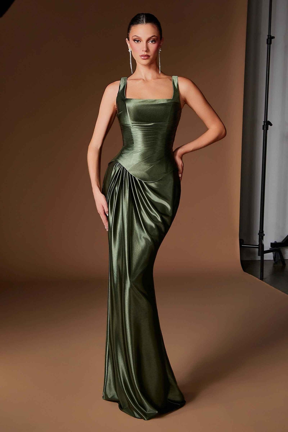 Square Neck Satin Fitted Evening Gown