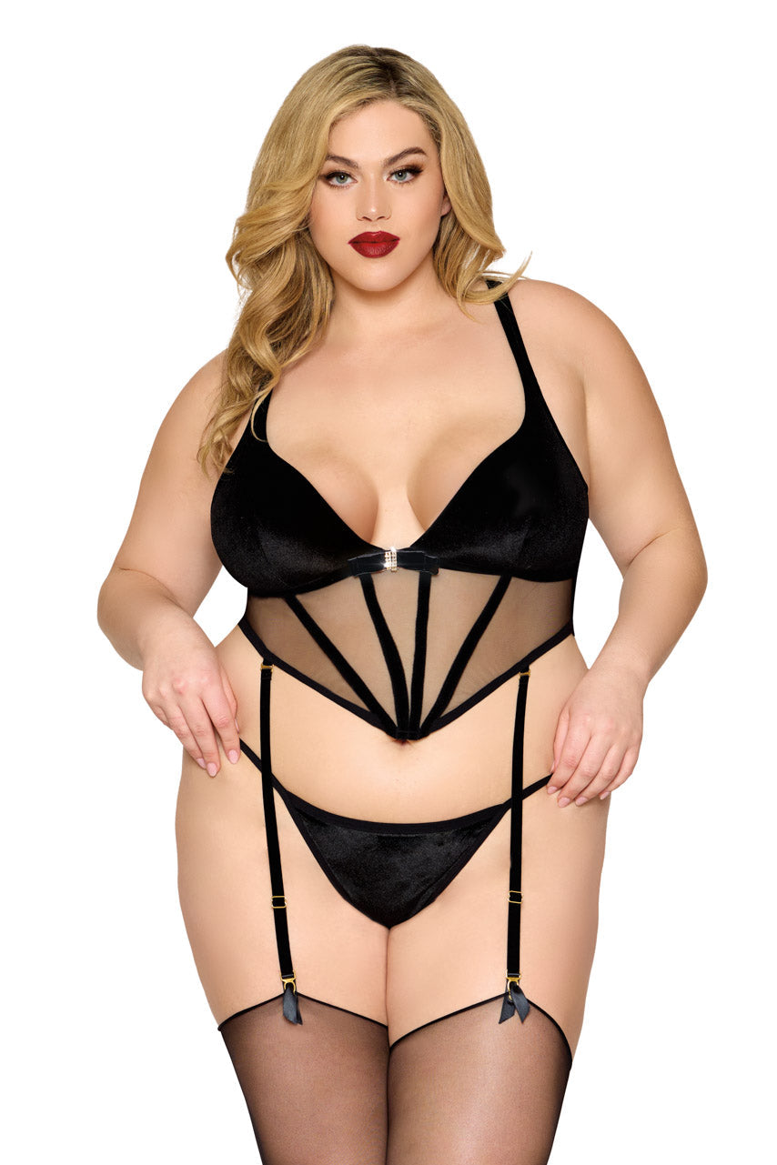 Curvy Black Velvet Bustier Set