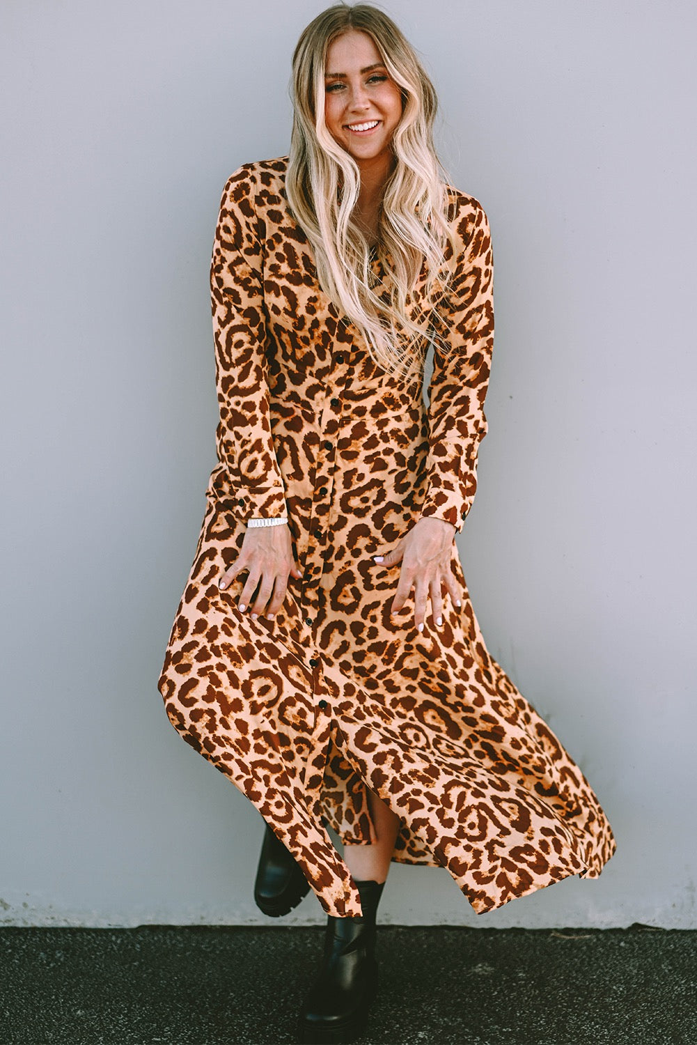 Leopard Print Long Sleeve Midi Dress