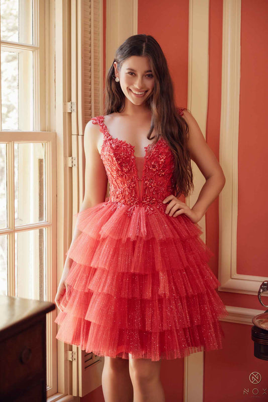 Short Tiered Ruffled A-Line Gown