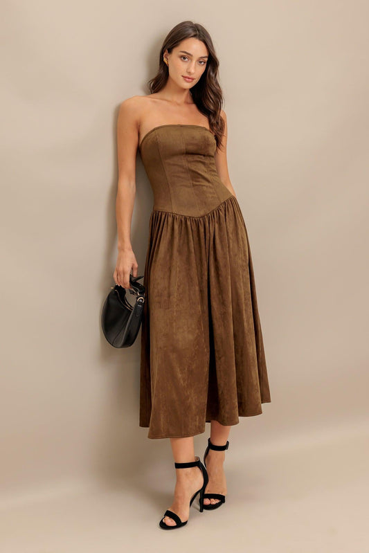 WILD ESPRESSO FAUX SUEDE MIDI DRESS