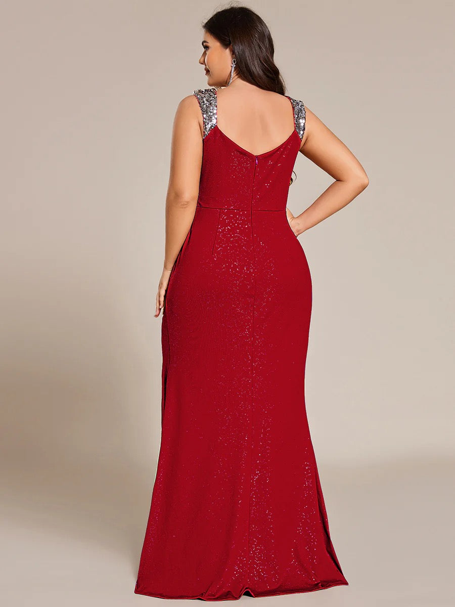 Glitter Wrap Front Plus Size Formal Dress with Slit