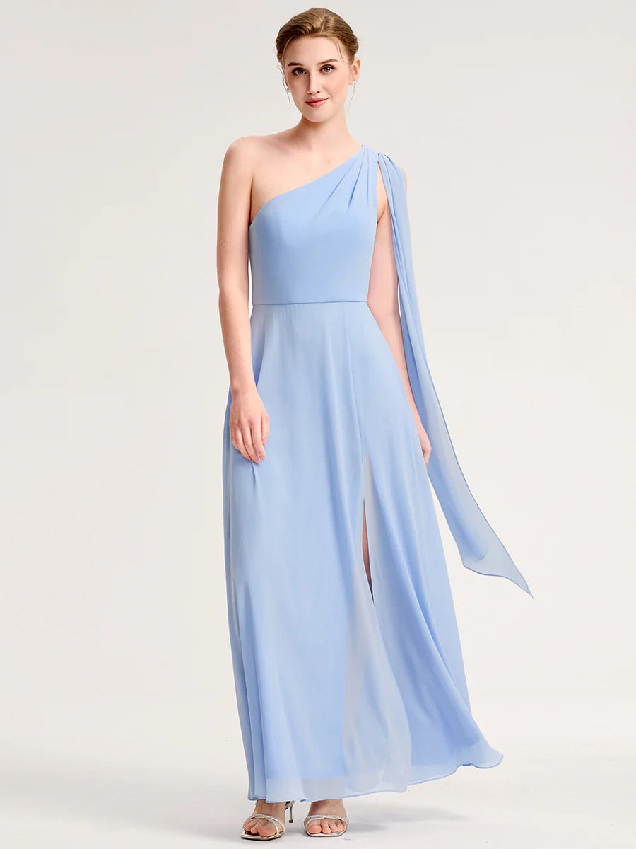 Dusty Blue One-Shoulder Chiffon Formal Dress with Slit