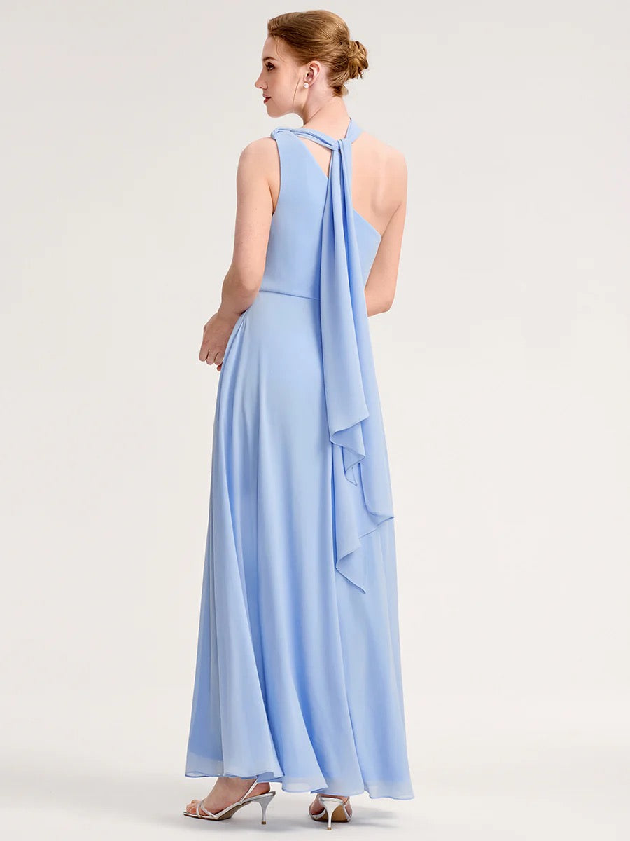 Dusty Blue One-Shoulder Chiffon Formal Dress with Slit