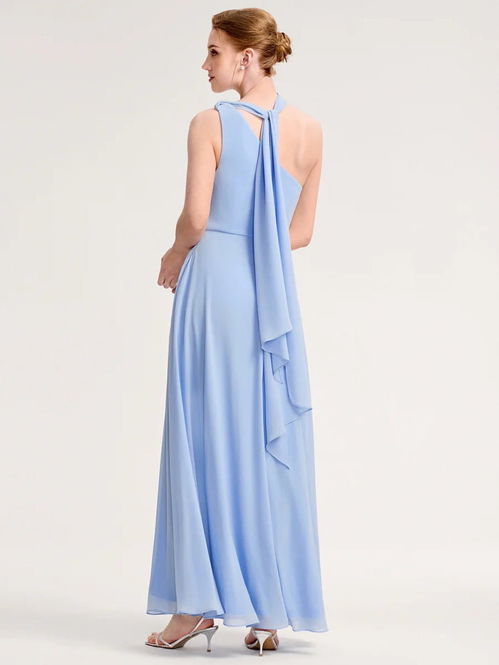 Dusty Blue One-Shoulder Chiffon Formal Dress with Slit