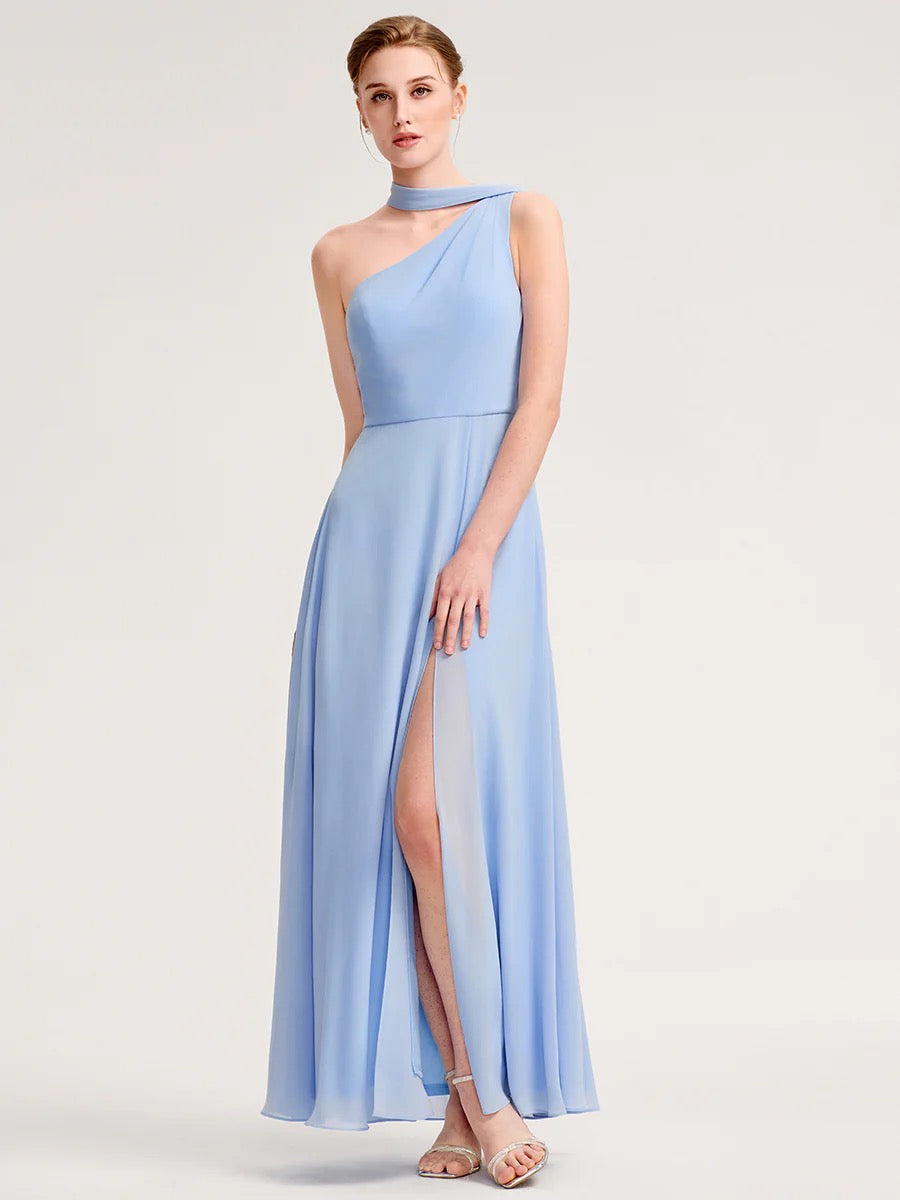 Dusty Blue One-Shoulder Chiffon Formal Dress with Slit
