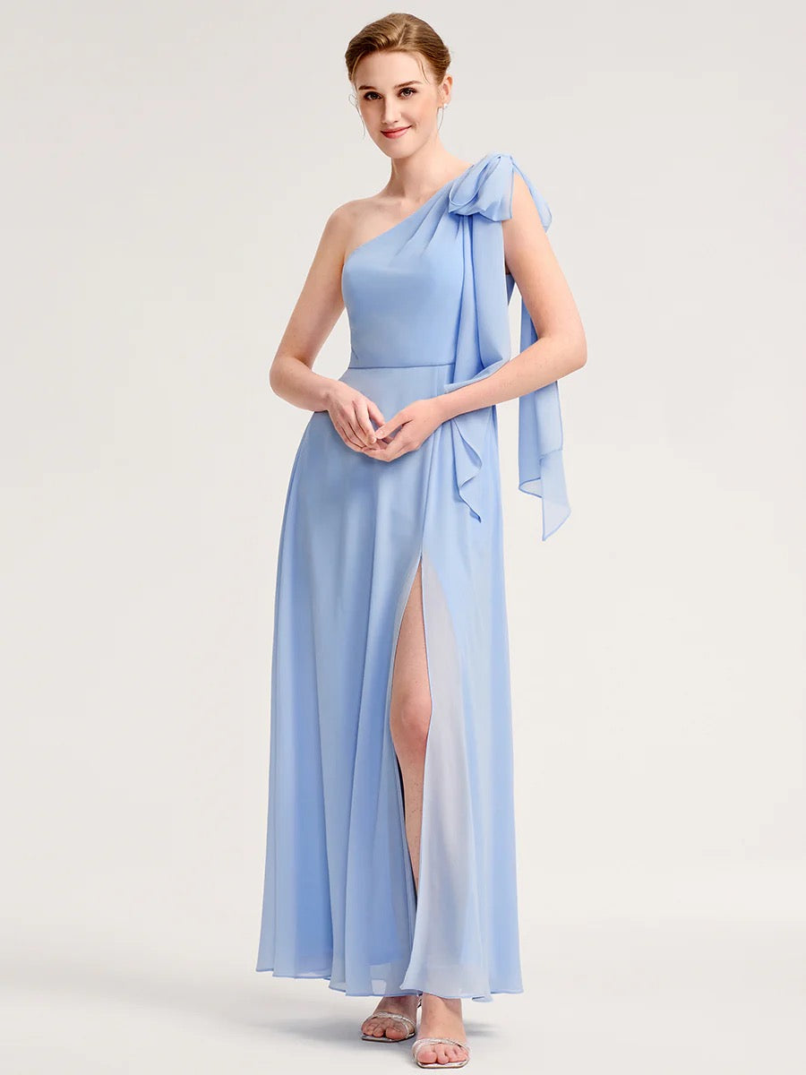 Dusty Blue One-Shoulder Chiffon Formal Dress with Slit