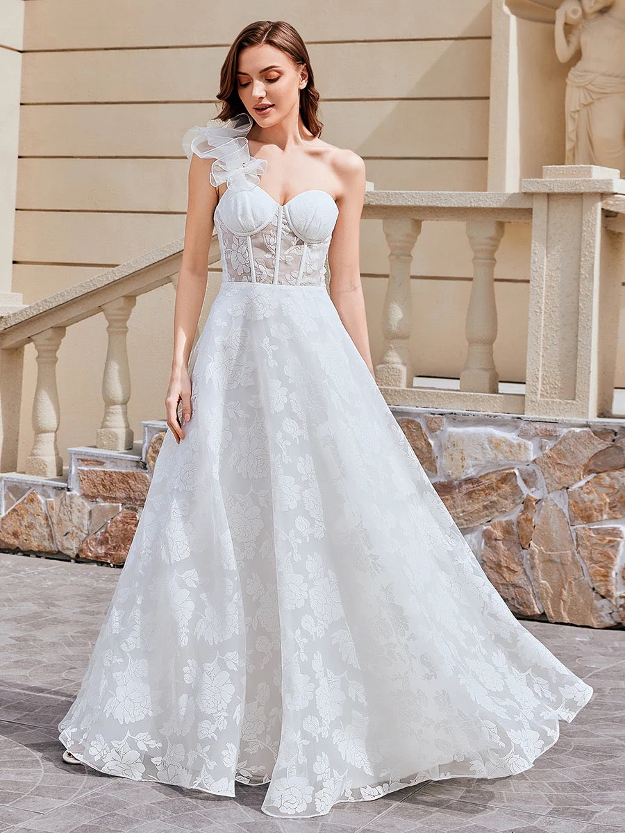 White One-Shoulder Floral Lace A-Line Wedding Dress