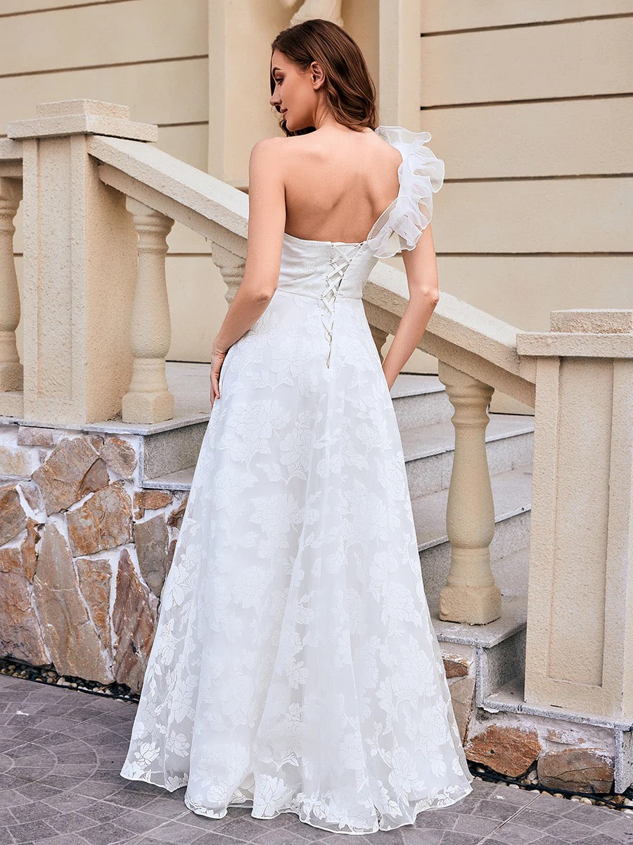 White One-Shoulder Floral Lace A-Line Wedding Dress
